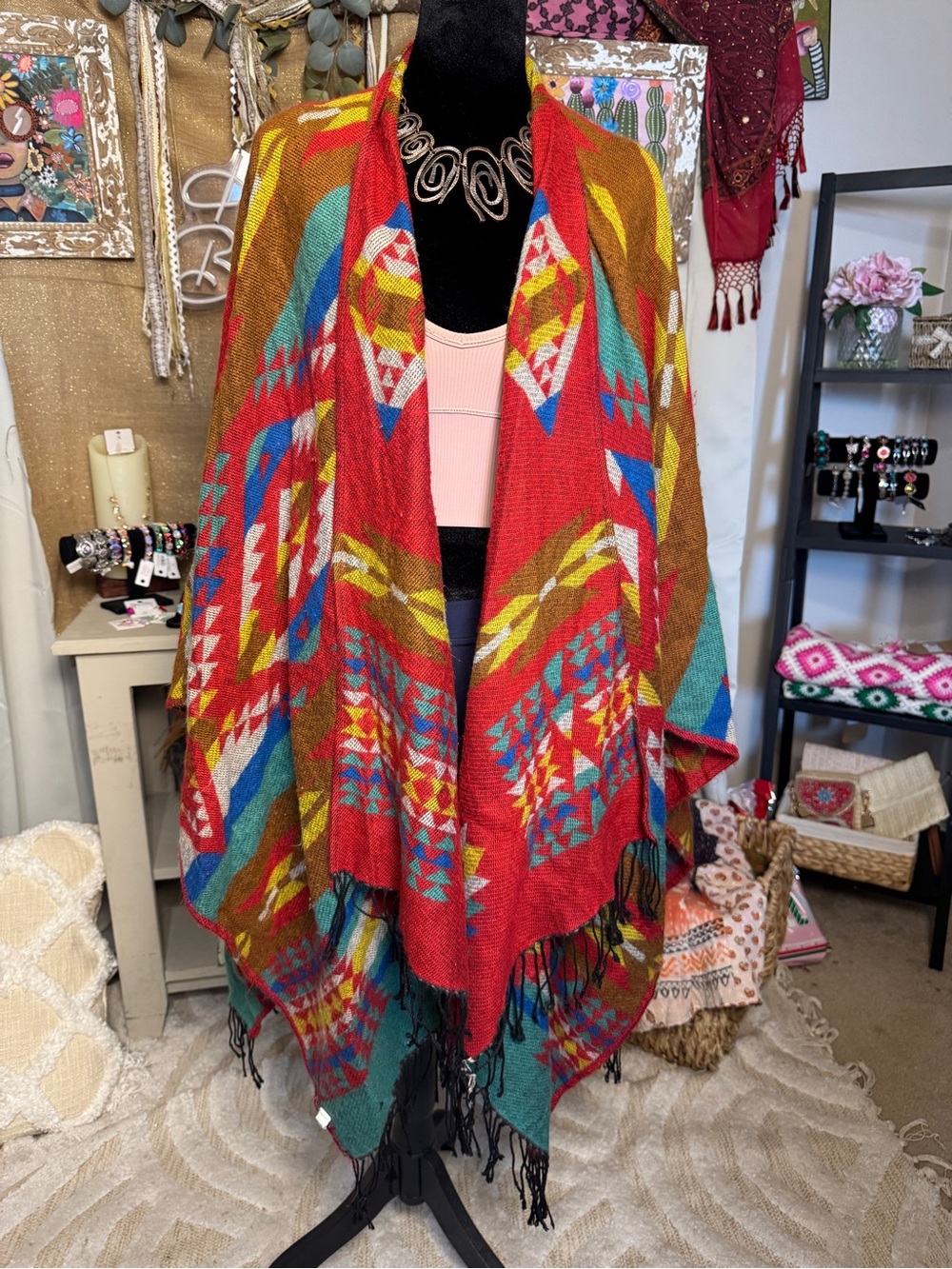 Boho Aztec Fringe Ruana - Multicolor - Picture 2 of 6